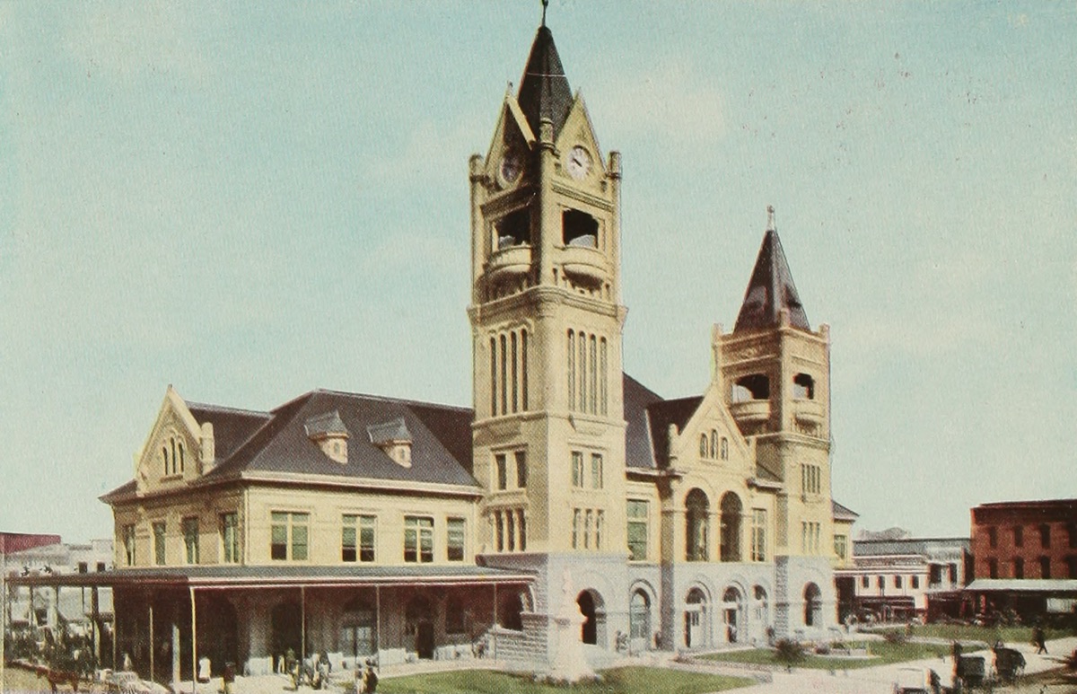 Vista histórica del antiguo ayuntamiento y mercado público de Houston